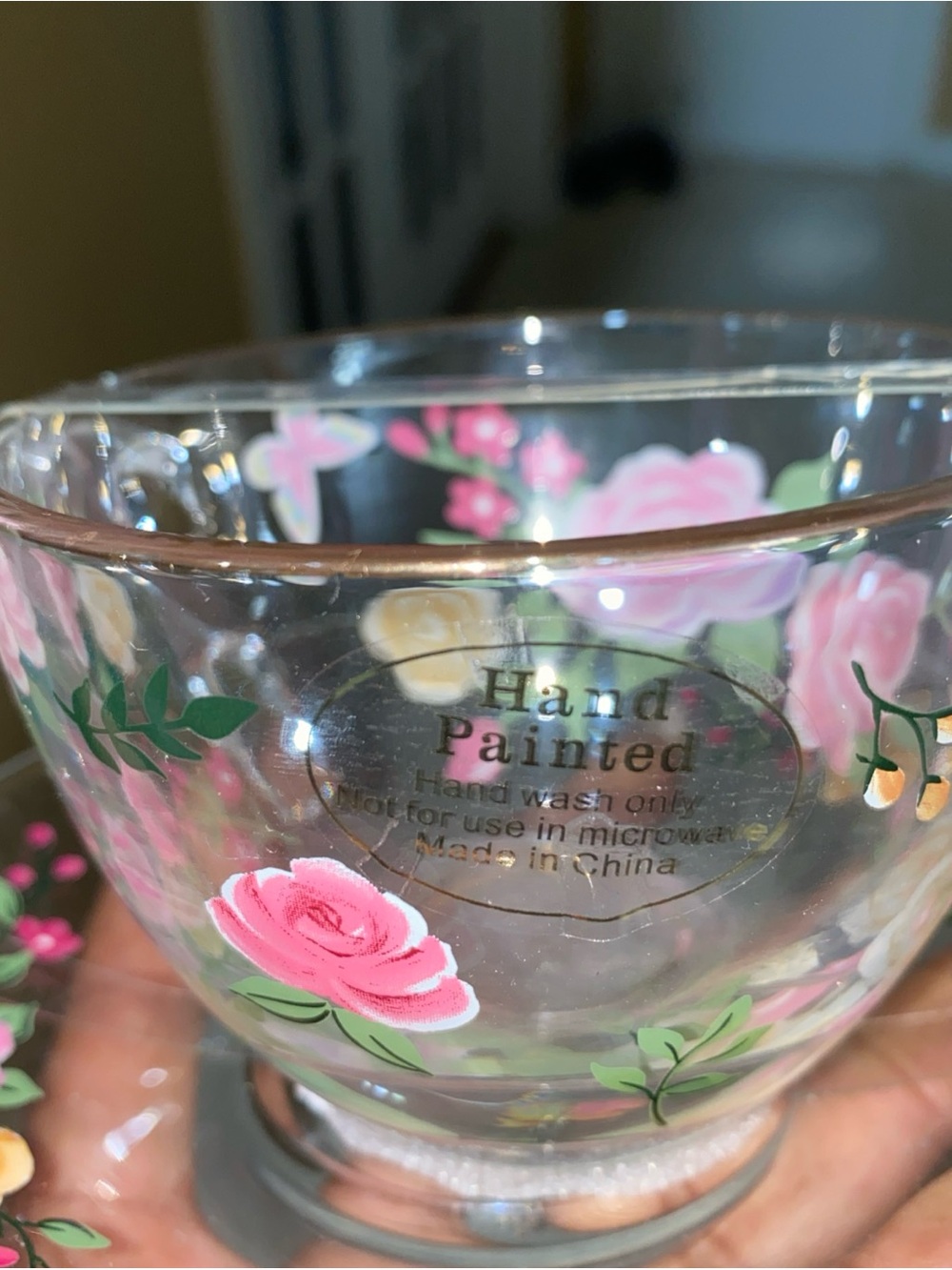 Hand Painted Floral Glass Tea Cup - Pink Roses sets of 2